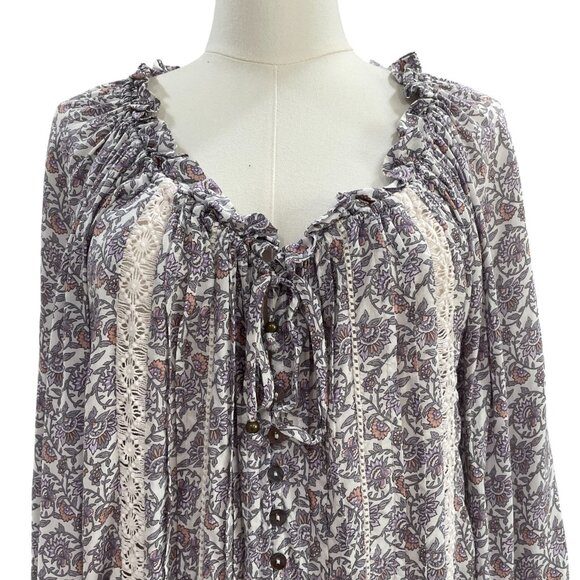 Olivaceous Boho Floral Peasant Blouse Cottagecore Lace Ruffle Dainty Tie Top M - Picture 9 of 11